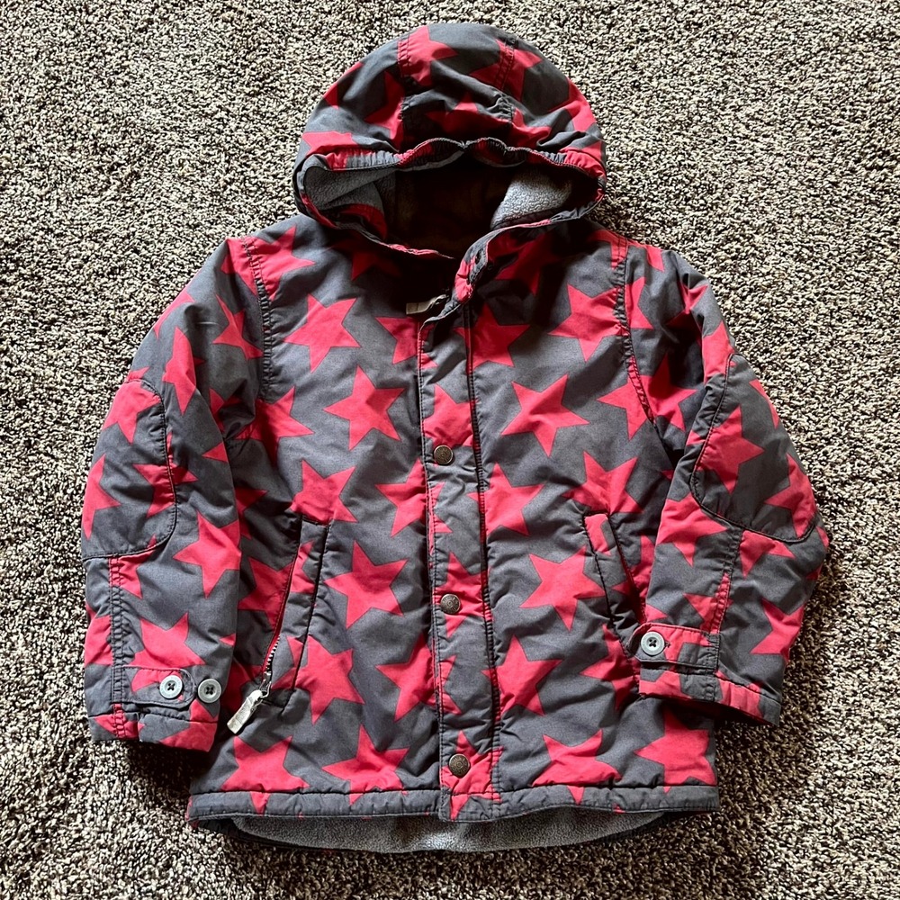 Mini Boden Winter Jacket Coat Gray Red Star Print Fleece Lined Kids Size 7-8Y